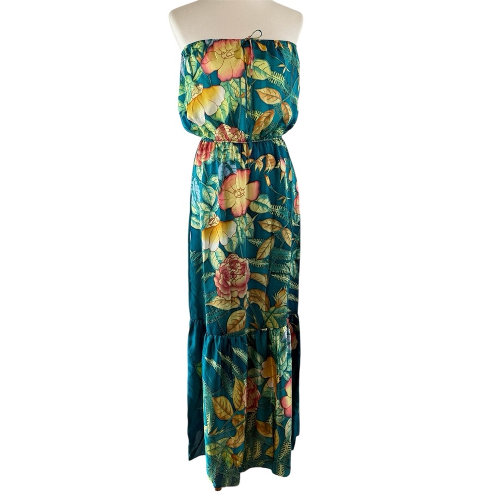 KITE AND BUTTERFLY Wild Rose Rio Tropical Floral Silk Strapless Maxi Dress